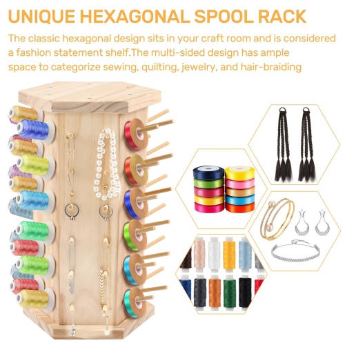 Hexagon Wooden Thread Holder Stand, 72-Spools Embroidery Thread Organizer, Smooth Wood Thread Racks for Spools of Thread