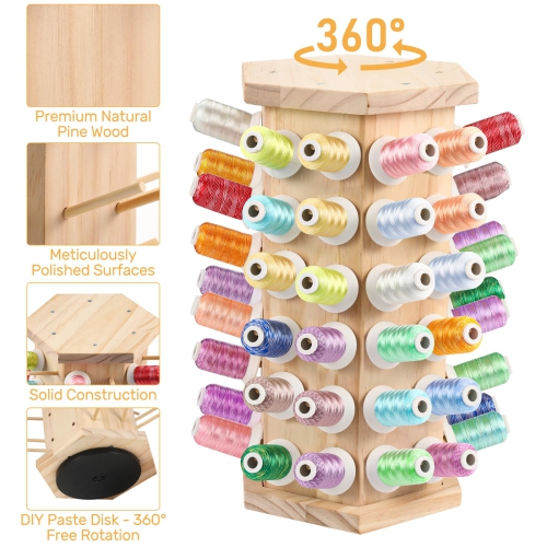 Hexagon Wooden Thread Holder Stand, 72-Spools Embroidery Thread Organizer, Smooth Wood Thread Racks for Spools of Thread