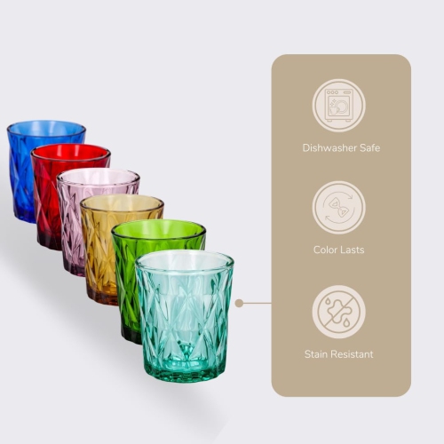 Gala Houseware – Ensemble de 6 verres en verre gravés diamant avec volume 9&nbsp;oz, couleurs variées, sans plomb et lavable au lave-vaisselle, PE