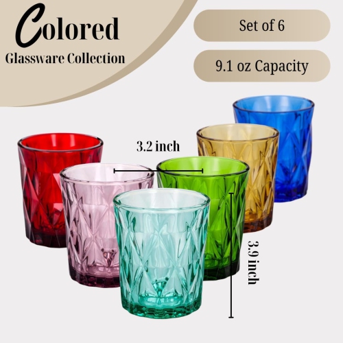 Gala Houseware – Ensemble de 6 verres en verre gravés diamant avec volume 9&nbsp;oz, couleurs variées, sans plomb et lavable au lave-vaisselle, PE