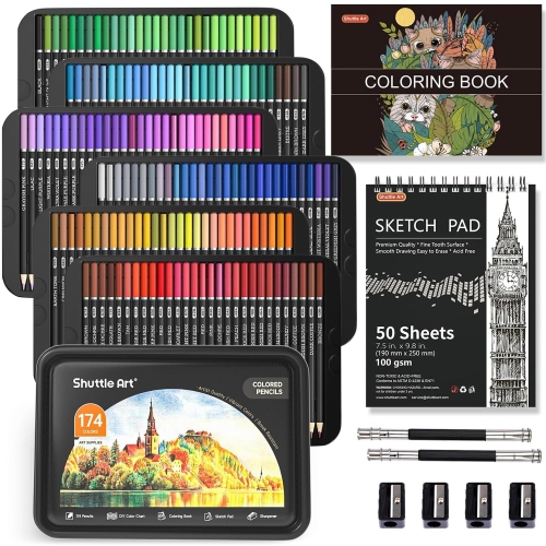 Shuttle Art – Crayons de couleur professionnelle 174 couleurs, ensemble de crayons à colorier à noyau souple avec 1 livre à colorier, 1 bloc de