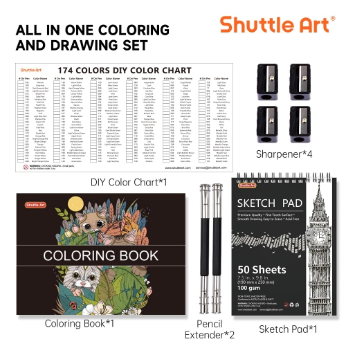Shuttle Art – Crayons de couleur professionnelle 174 couleurs, ensemble de crayons à colorier à noyau souple avec 1 livre à colorier, 1 bloc de