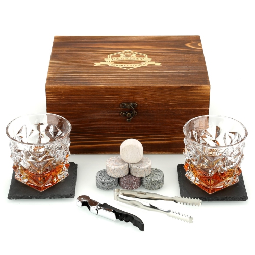Whiskey Stones Gift Set - 2 Large Crystal Whiskey Glasses - 6 Granite Scotch Chilling Rocks with Tongs Velvet Pouch in W