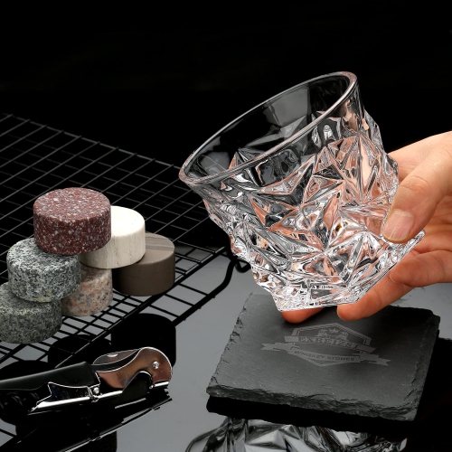 Whiskey Stones Gift Set - 2 Large Crystal Whiskey Glasses - 6 Granite Scotch Chilling Rocks with Tongs Velvet Pouch in W