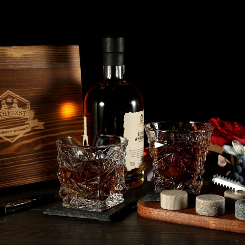 Whiskey Stones Gift Set - 2 Large Crystal Whiskey Glasses - 6 Granite Scotch Chilling Rocks with Tongs Velvet Pouch in W