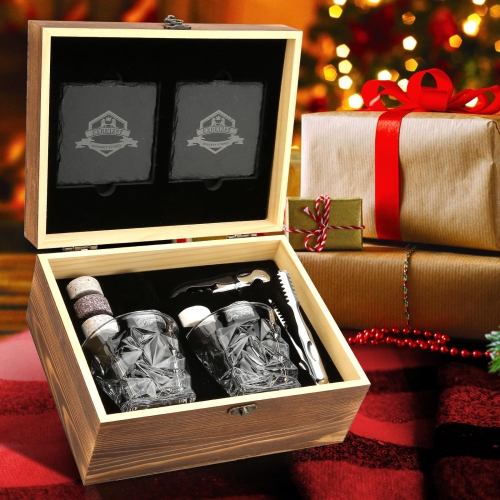 Whiskey Stones Gift Set - 2 Large Crystal Whiskey Glasses - 6 Granite Scotch Chilling Rocks with Tongs Velvet Pouch in W