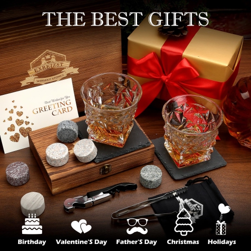 Whiskey Stones Gift Set - 2 Large Crystal Whiskey Glasses - 6 Granite Scotch Chilling Rocks with Tongs Velvet Pouch in W