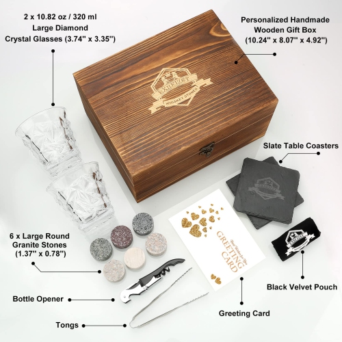 Whiskey Stones Gift Set - 2 Large Crystal Whiskey Glasses - 6 Granite Scotch Chilling Rocks with Tongs Velvet Pouch in W