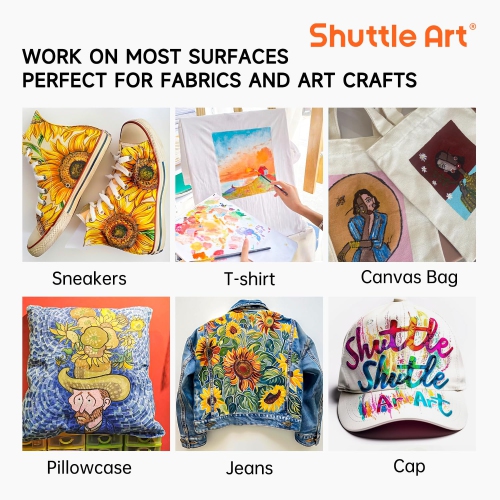 Peinture pour tissu Shuttle Art, 18 couleurs Peinture permanente pour tissu doux en bouteilles avec pinceaux, palette, pochoirs, T