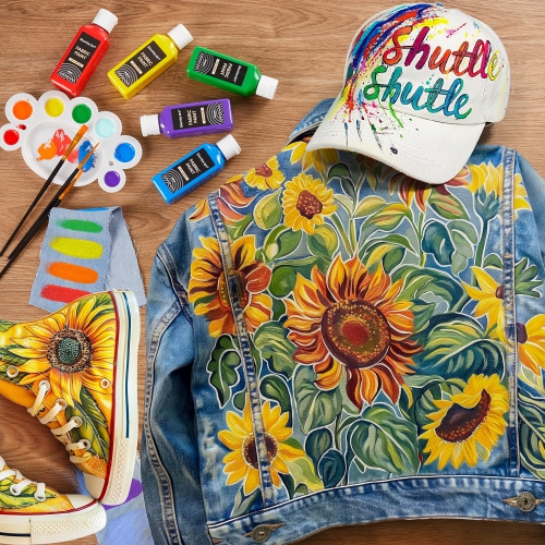 Peinture pour tissu Shuttle Art, 18 couleurs Peinture permanente pour tissu doux en bouteilles avec pinceaux, palette, pochoirs, T