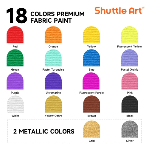 Peinture pour tissu Shuttle Art, 18 couleurs Peinture permanente pour tissu doux en bouteilles avec pinceaux, palette, pochoirs, T