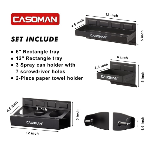 CASOMAN Magnetic Toolbox Shelf, Tray, Paper Towel Holder, 4-Piece Set, Black, Variety of Use, Durable, Magnets Any Metal