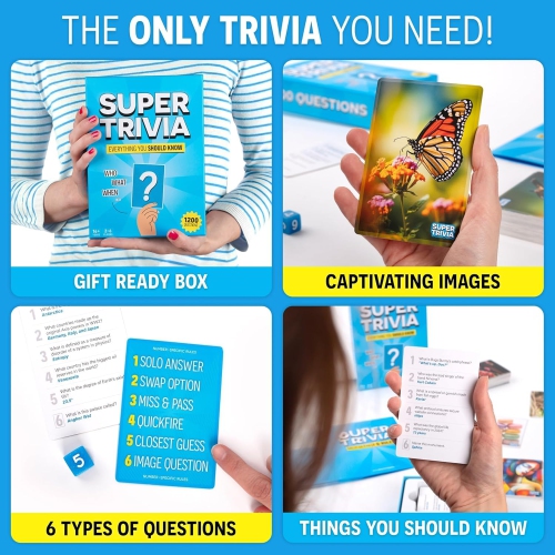Super Trivia Games pour adultes avec 1200 questions - Jeu de société amusant avec cartes - Jeu-questionnaire pour la famille avec adolescents
