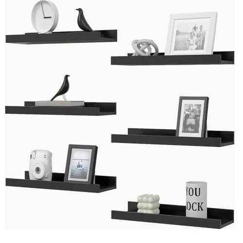 6pcs Maple Wood Wall Shelf Set – U-Shaped Floating Shelves, Anti-Drop, Heavy Duty Rustic Modern Storage for Bathroom, Bedroom/Black