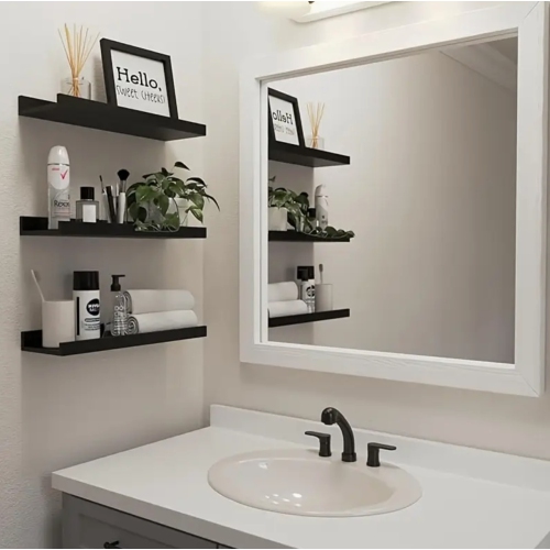 6pcs Maple Wood Wall Shelf Set – U-Shaped Floating Shelves, Anti-Drop, Heavy Duty Rustic Modern Storage for Bathroom, Bedroom/Black