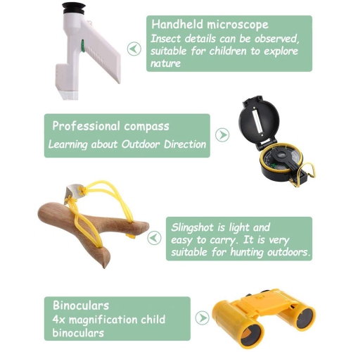 Ensemble d'aventure en plein air pour enfants Jumelles -16 pièces, boussole, lampe de poche, loupe pour enfants, trousse papillon, micro à main