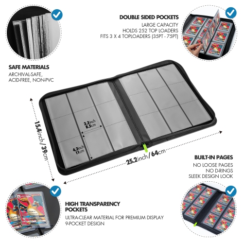 FunGuys Toploader Binder, Trading Card Binder Storage, 252 9 Pocket Top Loader Holder Collection for Yugioh, MTG, TCG Fo