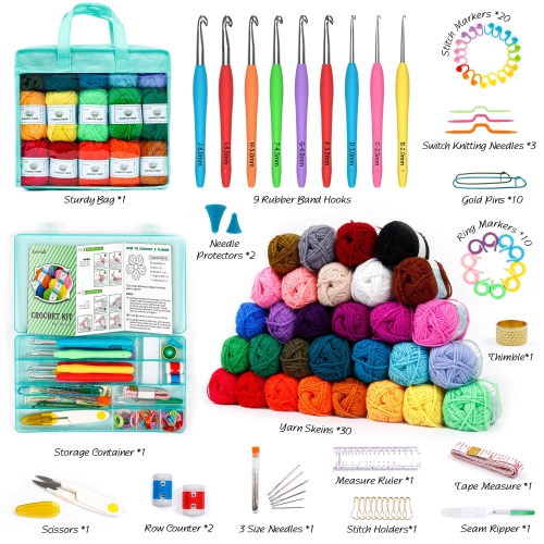 Trousse de fils crochetés pour débutants adultes et enfants d'Inscraft, comprend 1650 verges 30 couleurs, manuel d'utilisation, crochet
