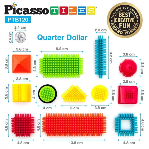 PicassoTiles 120 Piece Hedgehog Interlocking Building Blocks Tiles Construction Toy Set Brush Learning Playset STEAM Tod