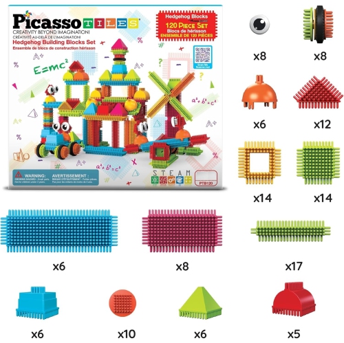 PicassoTiles 120 Piece Hedgehog Interlocking Building Blocks Tiles Construction Toy Set Brush Learning Playset STEAM Tod