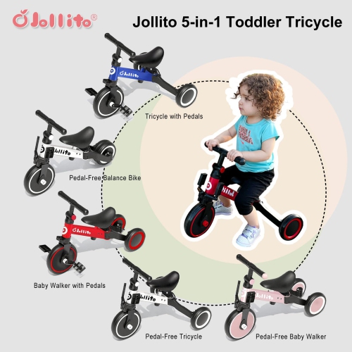 Jollito 5-in-1 Toddler Tricycle for 1-3 Years Old, Kids Pushbike Balance Bike, Baby Ride-On, Indoor/Outdoor Toddler Bike