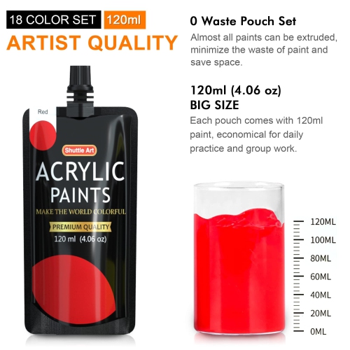 Shuttle Art Acrylic Paint, 18 Colors Acrylic Paint Pouches, Artist Grade Acrylic Paint Set, Rich Pigments