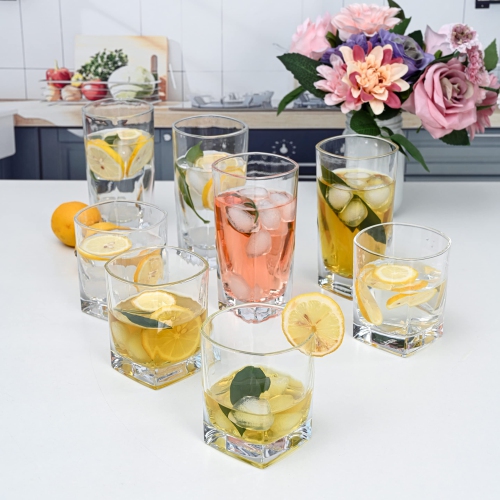 Everyday Drinking Glasses Set of 8 Drinkware Kitchen Glasses for Cocktail, Iced Coffee, Beer, Ice Tea, Wine, Whiskey, Wa