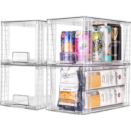 Zero Zoo 4Pack Large Stackable Kitchen Storage Drawers, Clear Foods Organizer Bins with Handles, Easily Assemble for Bat