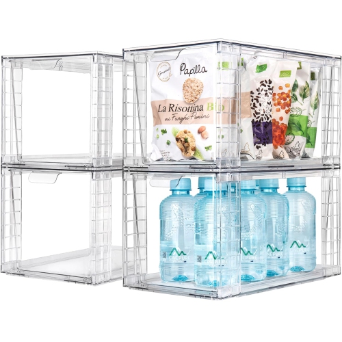 Zero Zoo 4Pack Large Stackable Kitchen Storage Drawers, Clear Foods Organizer Bins with Handles, Easily Assemble for Bat