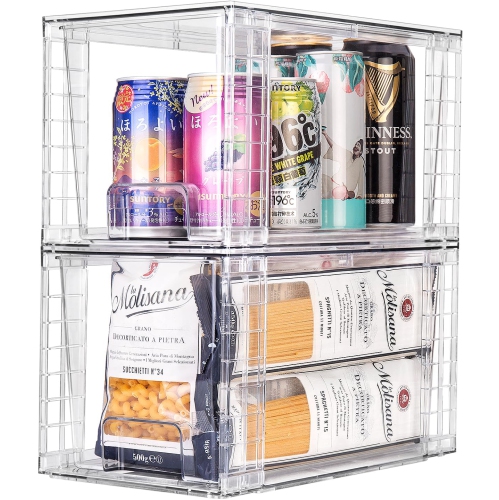 Zero Zoo 4Pack Large Stackable Kitchen Storage Drawers, Clear Foods Organizer Bins with Handles, Easily Assemble for Bat