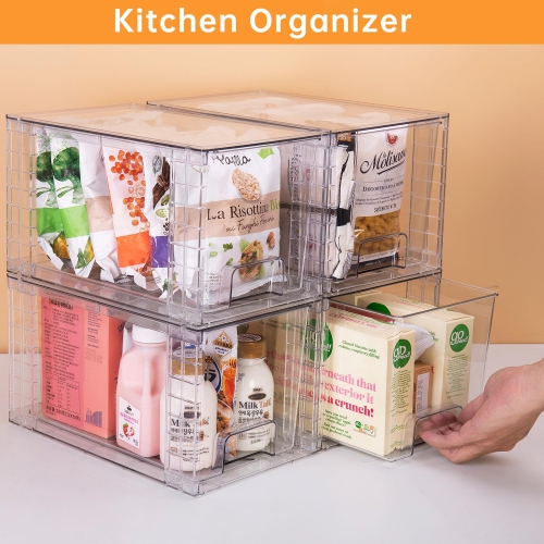 Zero Zoo 4Pack Large Stackable Kitchen Storage Drawers, Clear Foods Organizer Bins with Handles, Easily Assemble for Bat