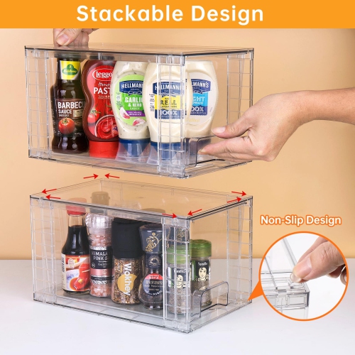 Zero Zoo 4Pack Large Stackable Kitchen Storage Drawers, Clear Foods Organizer Bins with Handles, Easily Assemble for Bat