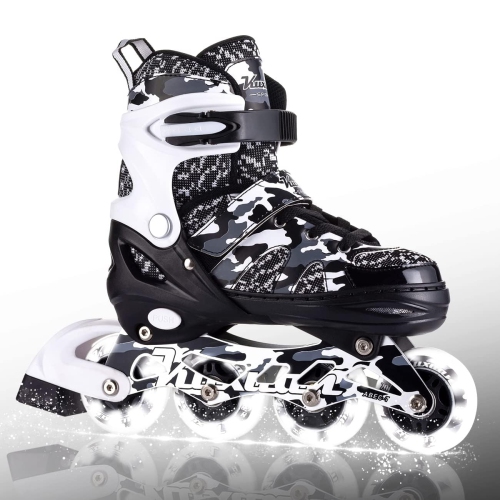 Kuxuan skates Boys Camo Black & Silver Adjustable Inline Skates with Light up Wheels, Fun Illuminating Skates for Kids G