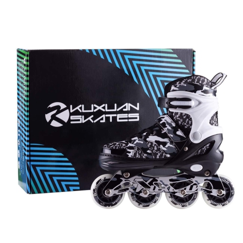 Kuxuan skates Boys Camo Black & Silver Adjustable Inline Skates with Light up Wheels, Fun Illuminating Skates for Kids G