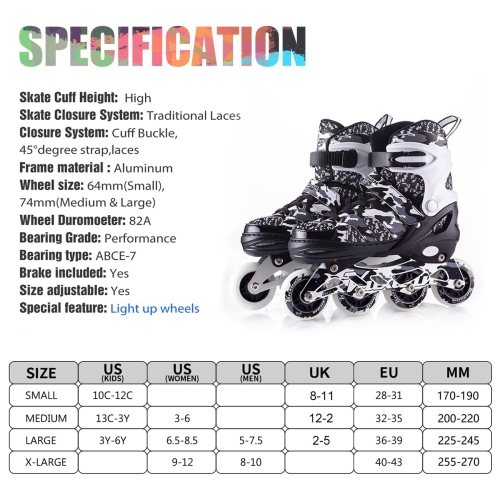 Kuxuan skates Boys Camo Black & Silver Adjustable Inline Skates with Light up Wheels, Fun Illuminating Skates for Kids G