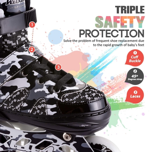 Kuxuan skates Boys Camo Black & Silver Adjustable Inline Skates with Light up Wheels, Fun Illuminating Skates for Kids G