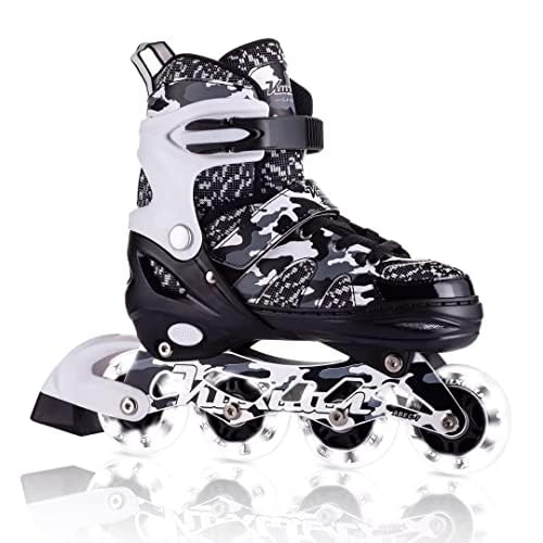 Kuxuan skates Boys Camo Black & Silver Adjustable Inline Skates with Light up Wheels, Fun Illuminating Skates for Kids G