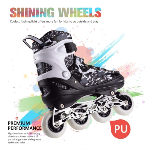 Kuxuan skates Boys Camo Black & Silver Adjustable Inline Skates with Light up Wheels, Fun Illuminating Skates for Kids G