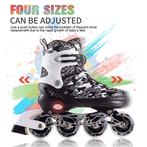 Kuxuan skates Boys Camo Black & Silver Adjustable Inline Skates with Light up Wheels, Fun Illuminating Skates for Kids G