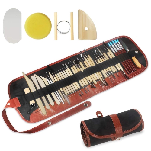 46 Pcs Pottery Tools Clay Sculpting Tool Set with 48 Slots Roll-Up Case, Double Sided Wooden Handle Sculpting Clay Clean