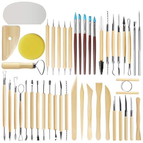 46 Pcs Pottery Tools Clay Sculpting Tool Set with 48 Slots Roll-Up Case, Double Sided Wooden Handle Sculpting Clay Clean