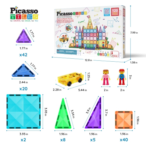 PicassoTiles 120 Pieces Magnetic Tiles Building Blocks Mini Size Diamond Series Magnet Toys Travel Size On-The-Go Constr