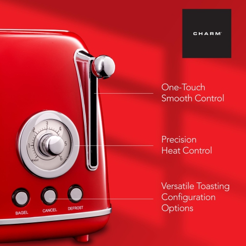 Charm - 2 Slice Toaster for Bagels and Thick Bread - Vintage Red Toaster with Defrost Technology, 6 Browning Levels and