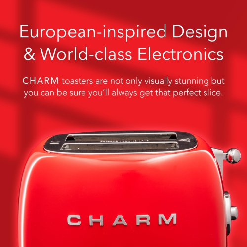 Charm - 2 Slice Toaster for Bagels and Thick Bread - Vintage Red Toaster with Defrost Technology, 6 Browning Levels and