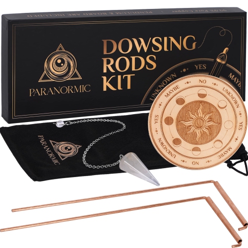 Paranormic Dowsing Rods & Pendulum Divination Kit - Set of 2 Real Copper L Rods, Quartz Pendulum, & Wooden Answer Board