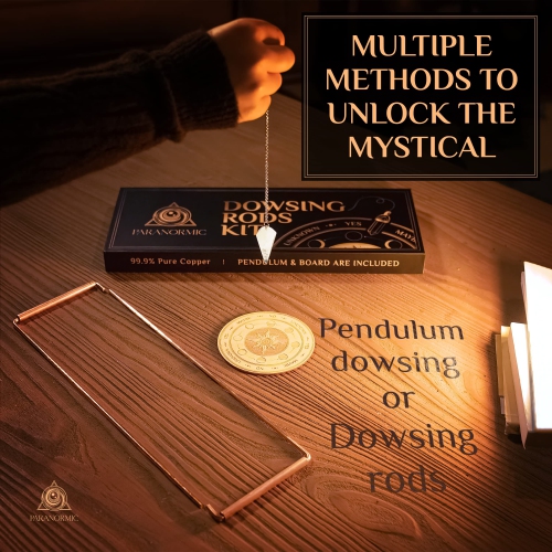 Paranormic Dowsing Rods & Pendulum Divination Kit - Set of 2 Real Copper L Rods, Quartz Pendulum, & Wooden Answer Board