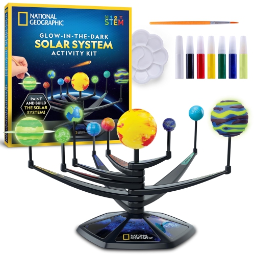 National Geographic Glow-in-The-Dark Solar System Model Kit for Kids - Build & Paint a 3D Planetary Model with Movable A