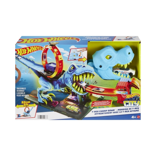 Hot Wheels City Track Set with 1 Toy Car, Race Through a Giant Loop to Defeat a Big Dinosaur, T-Rex Loop Stunt and Race