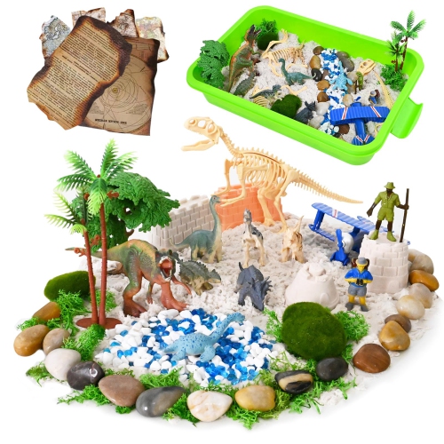 Dinosaur Sensory Bin - Play Sand for Kids,Sandbox,2.2lbs Magic Sand, 1Velociraptor 6 Painted Dinosaurs, Dinosaur Skeleto