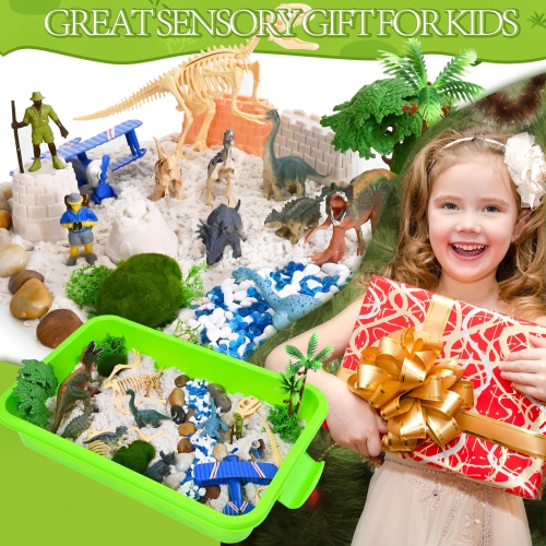 Dinosaur Sensory Bin - Play Sand for Kids,Sandbox,2.2lbs Magic Sand, 1Velociraptor 6 Painted Dinosaurs, Dinosaur Skeleto